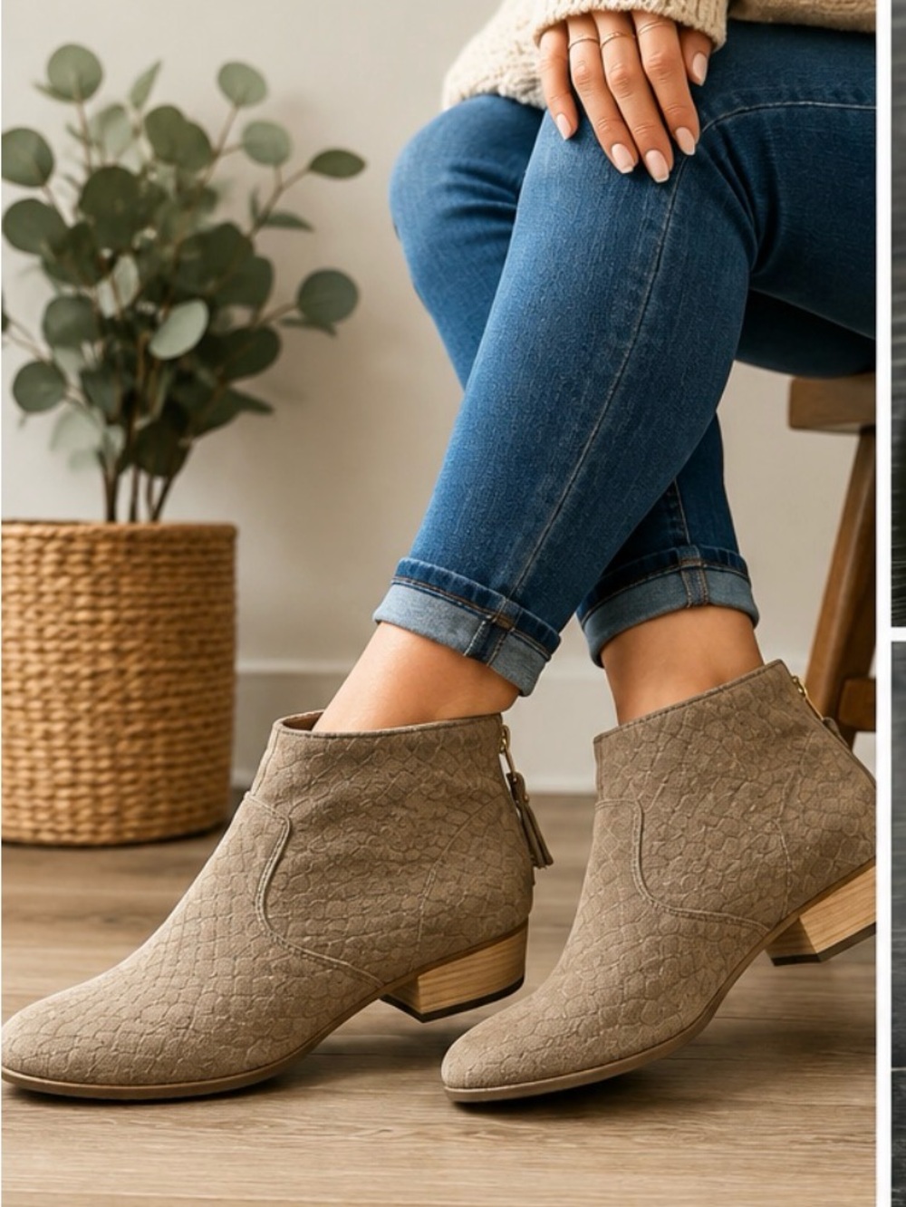 Seychelles Textured Short Ankle Boots Taupe Back Zip Low Block Heel